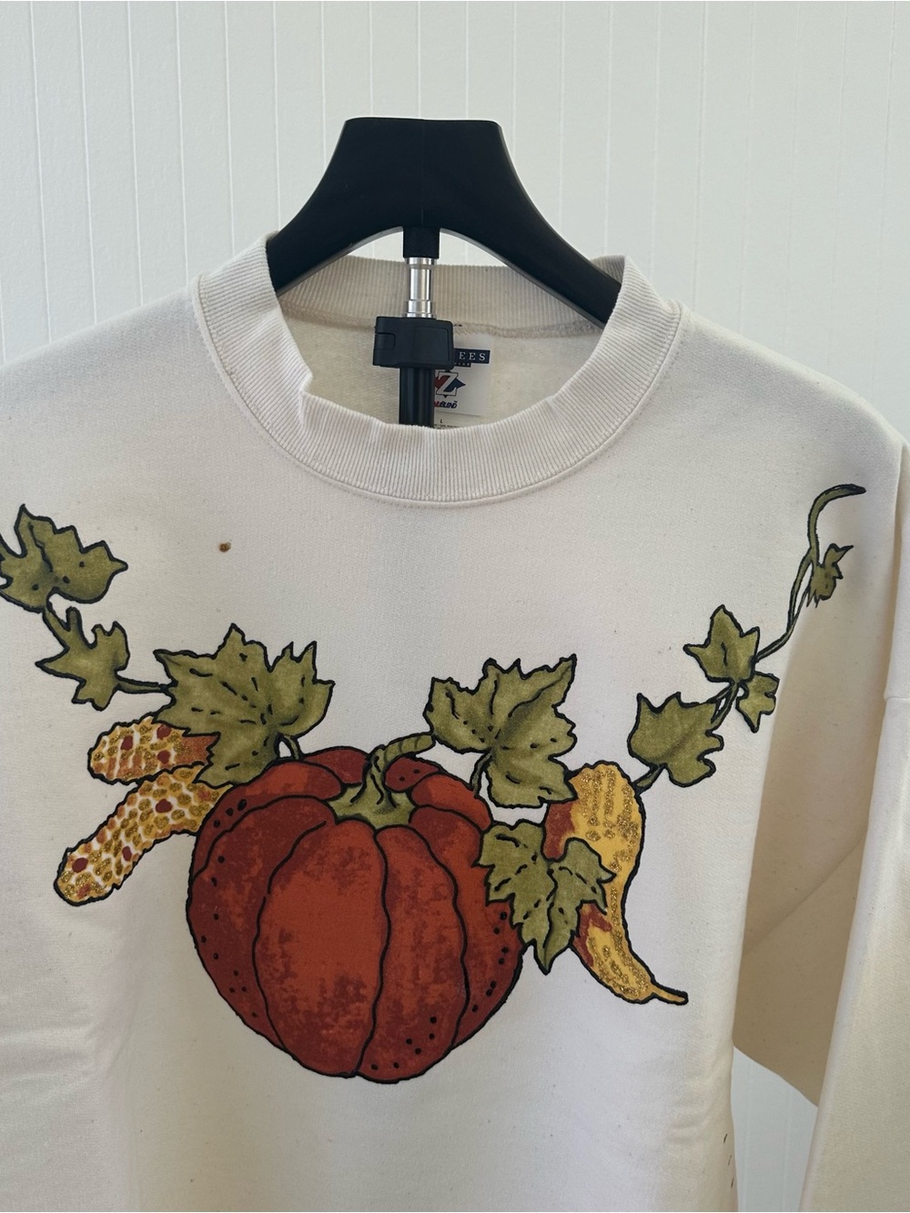 Women's White Crewneck Sweatshirt with Red Pumpkin Graphic Handmade